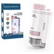 Microscopio portatile bianco e rosa con zoom 60x-200x, confezione inclusa. Ideale per scopi educativi e scientifici.