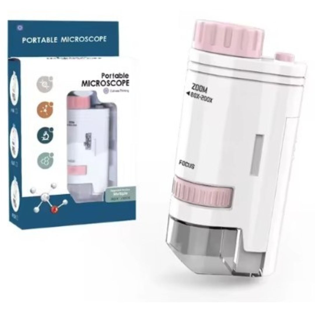 Microscopio portatile bianco e rosa con zoom 60x-200x, confezione inclusa. Ideale per scopi educativi e scientifici. Compact e facile da usare.