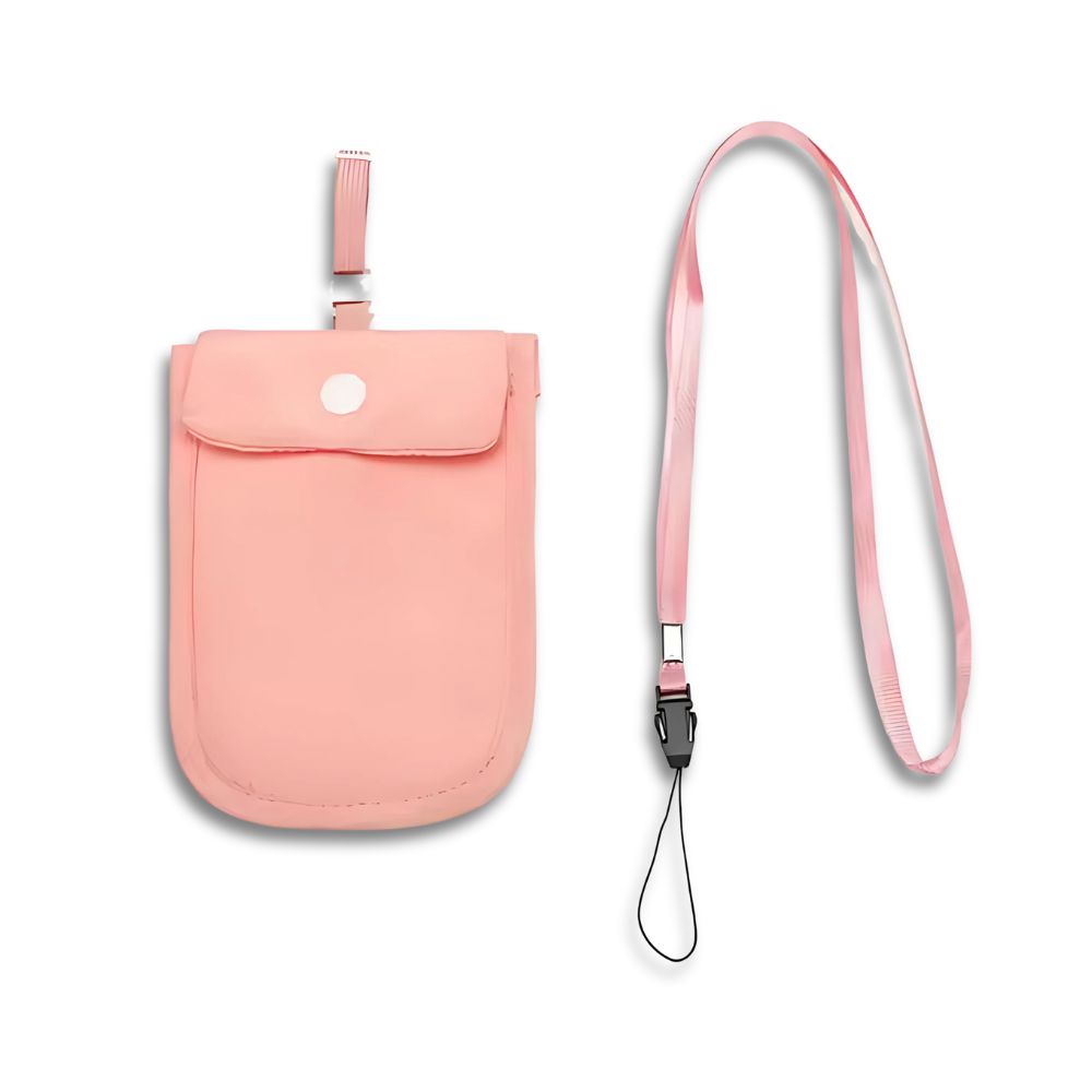 Custodia rosa per cellulare con tracolla regolabile, chiusura a bottone. Accessorio moda pratico per smartphone, ideale per viaggi e attività all'aperto.