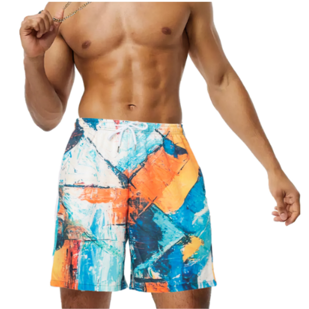 Shorts da uomo con stampa astratta colorata, design vivace in blu e arancione. Ideali per l'estate e il mare. Tessuto leggero e confortevole.