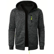 Giacca felpa uomo grigia con cappuccio, zip frontale, dettagli gialli, tasche laterali. Abbigliamento casual, moda autunno-inverno.