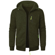 Felpa con cappuccio verde scuro, zip frontale, tasche con cerniera giallo neon, design casual, ideale per moda uomo autunno-inverno.