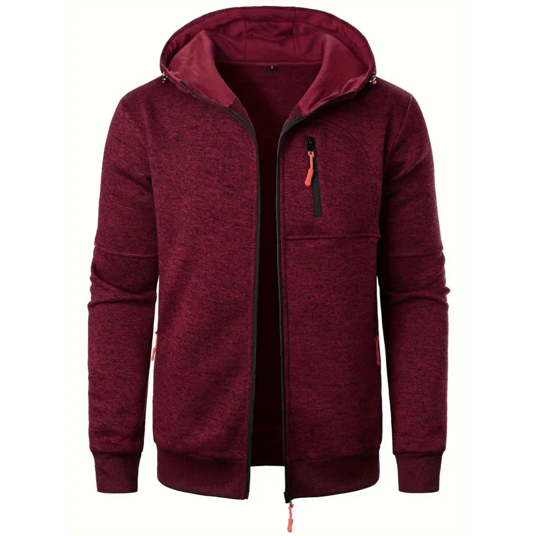 Felpa con cappuccio bordeaux da uomo, zip frontale, tasca sul petto con cerniera, design casual, ideale per autunno e inverno.
