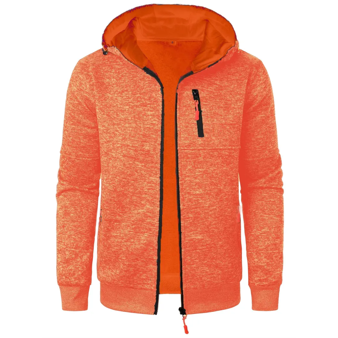Giacca arancione con cappuccio, zip frontale, tasca con zip sul petto, tessuto mélange. Ideale per moda casual e sportiva.