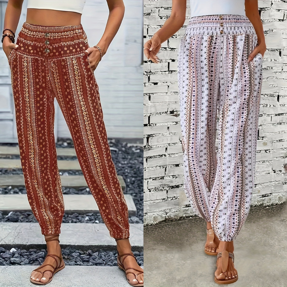 Pantaloni boho donna, fantasia etnica, colori rosso e bianco, elastico in vita, tasche laterali, stile casual estivo, moda femminile.