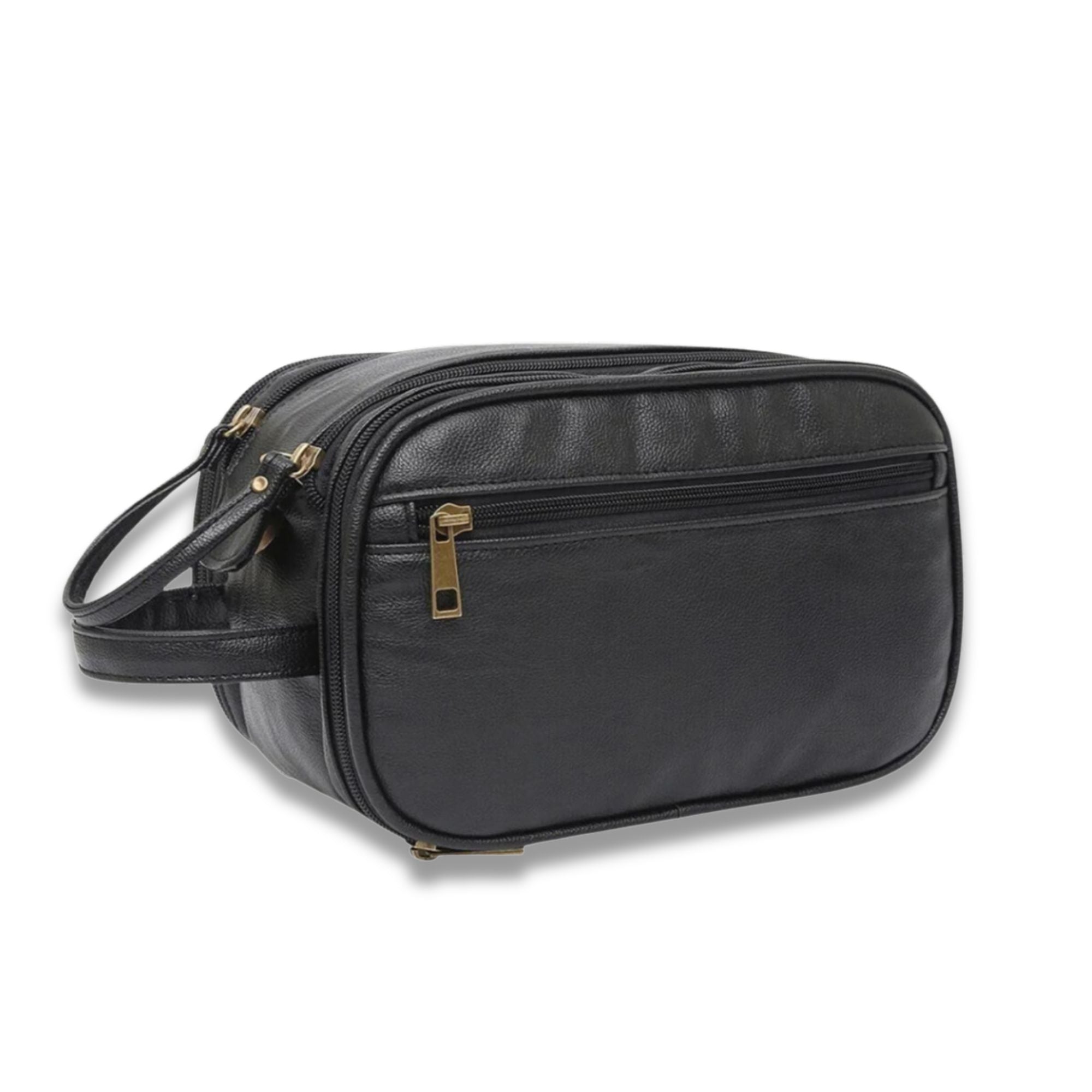 Borsello uomo in pelle nera con cerniera dorata, tasca frontale e manico laterale. Elegante e pratico, ideale per viaggi e uso quotidiano.