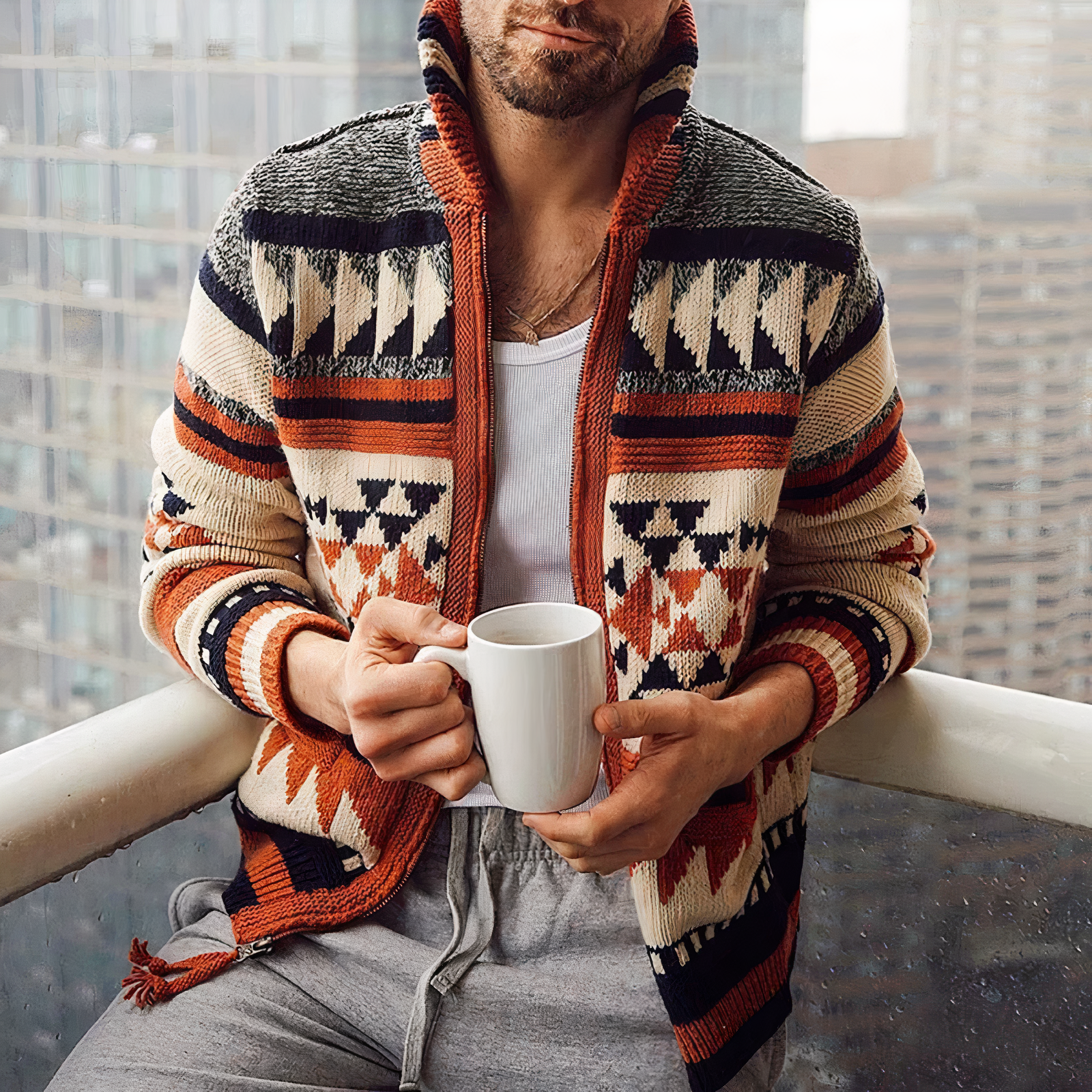 Uomo con maglione a motivi geometrici, tazza bianca in mano, su balcone cittadino. Moda autunnale, abbigliamento casual, comfort urbano.