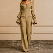 Wearbella – Off-Shoulder Bubble Sleeve Top And Wide-Leg Pants Set 0
