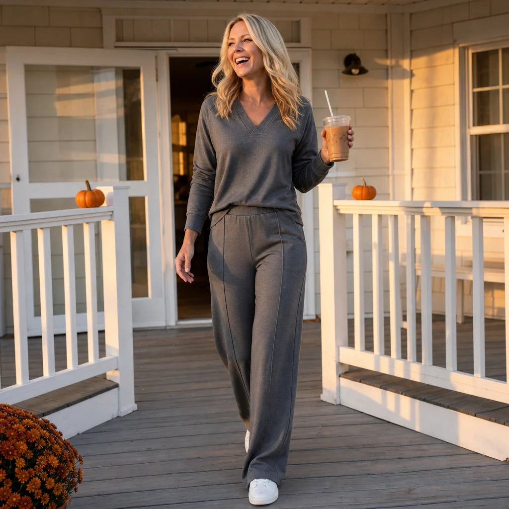 Wearbella – V-Neck Knit Top And Wide-Leg Pants Set 1