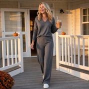 Wearbella – V-Neck Knit Top And Wide-Leg Pants Set 1