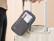 Portafoglio da viaggio grigio su valigia bianca, con biglietto aereo visibile. Accessorio essenziale per viaggiatori, pratico e funzionale.