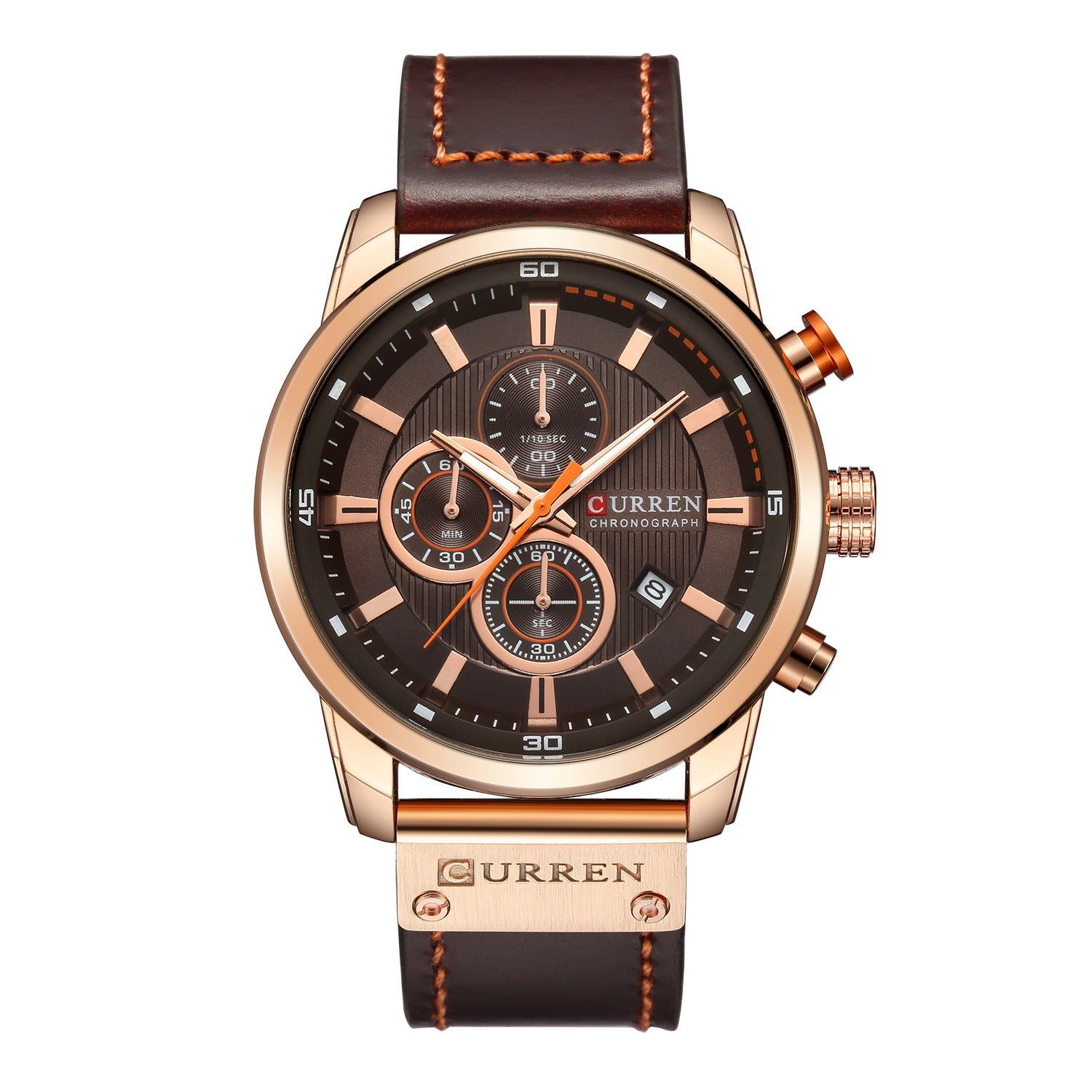 Orologio da polso maschile Curren, cronografo in acciaio inox color oro rosa, quadrante marrone, cinturino in pelle marrone, design elegante e moderno.