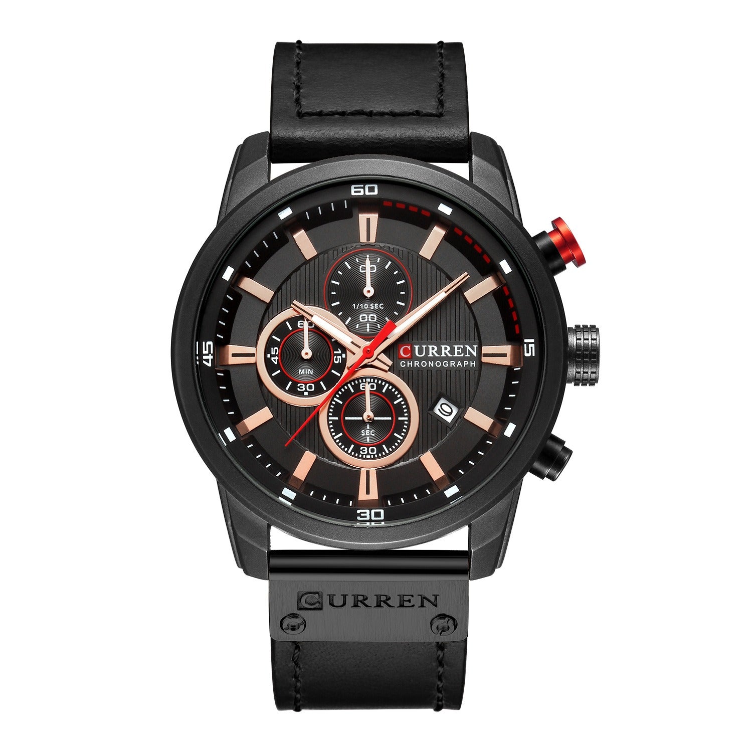 Orologio da polso Curren cronografo, quadrante nero con dettagli rossi e cinturino in pelle nera, design elegante e moderno per uomo.