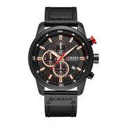 Orologio da polso Curren cronografo, quadrante nero con dettagli rossi e cinturino in pelle nera, design elegante e moderno per uomo.