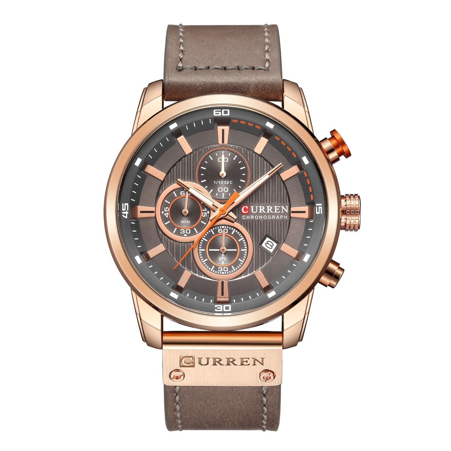 Orologio da polso Curren cronografo uomo, cassa in acciaio inox color oro rosa, quadrante marrone, cinturino in pelle marrone, stile elegante.