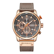 Orologio da polso Curren cronografo uomo, cassa in acciaio inox color oro rosa, quadrante marrone, cinturino in pelle marrone, stile elegante.