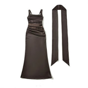 Abito Da Donna Elegante Maxi Con Scollo Quadrato E Volant Per Cerimonie E Eventi Formali
