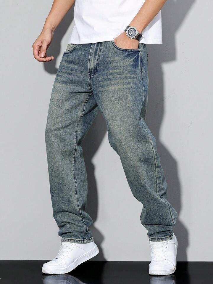 Jeans da Uomo Gamba Dritta con Effetto Lavato