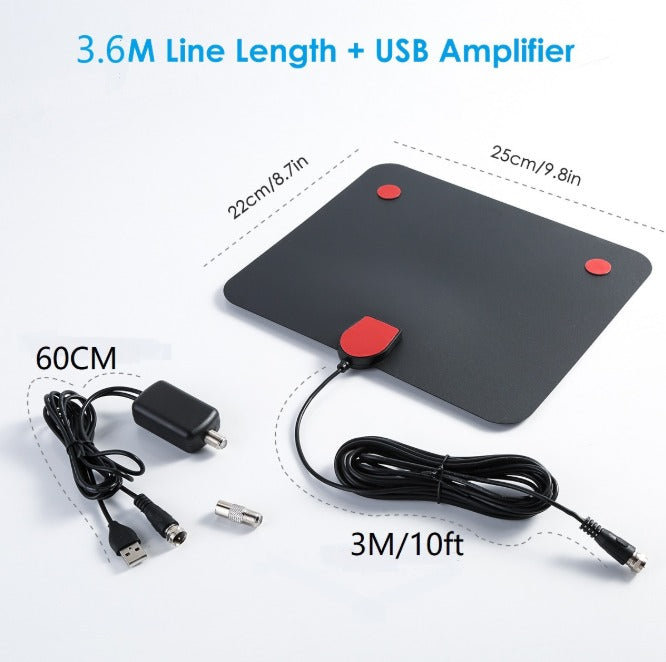 Antenna TV digitale interna con amplificatore USB, cavo lungo 3,6 metri, design piatto nero, dimensioni 25x22 cm, ideale per ricezione segnale HD.