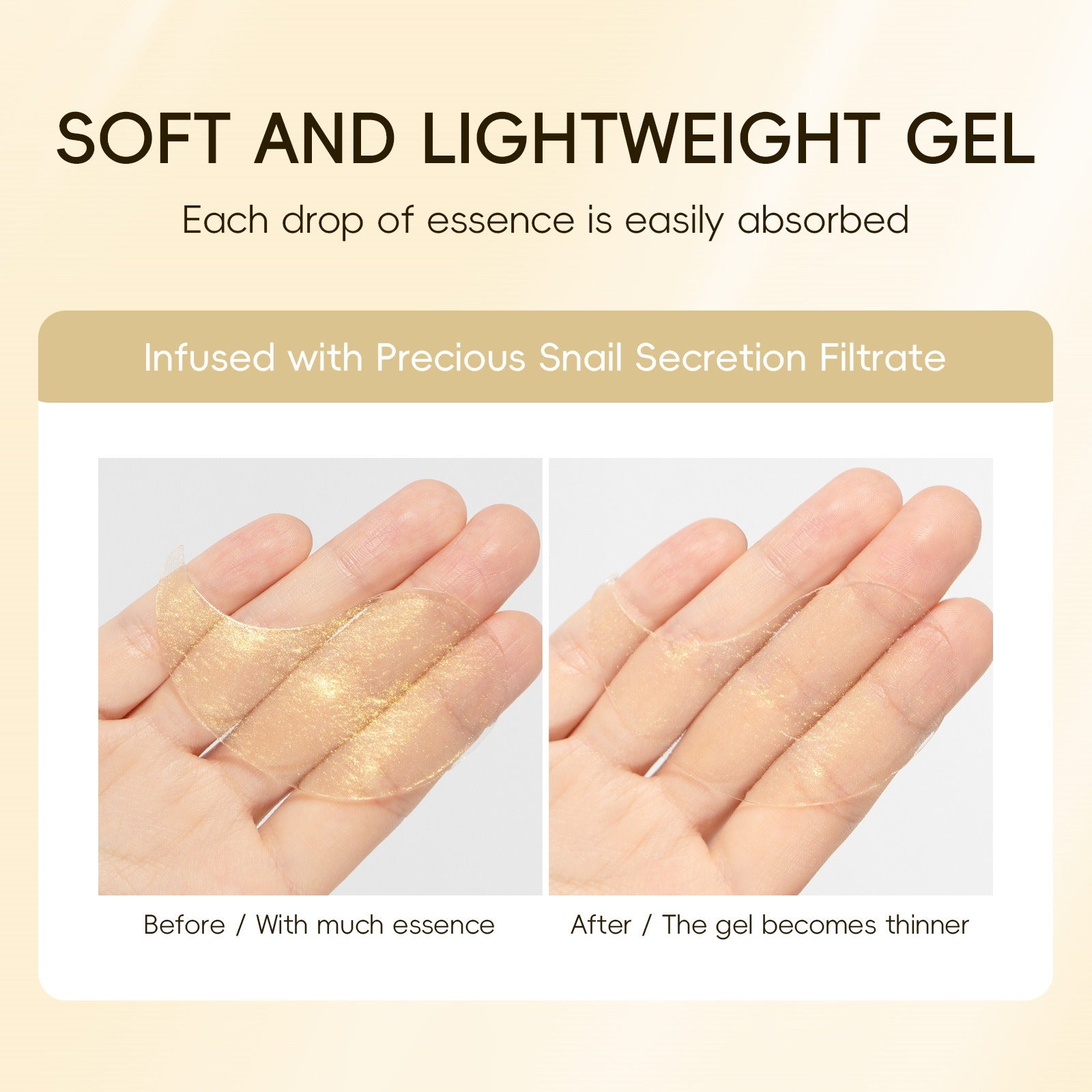 Gel leggero e morbido con filtrato di bava di lumaca, assorbimento rapido. Immagine prima e dopo l'applicazione su mano, texture sottile e luminosa.