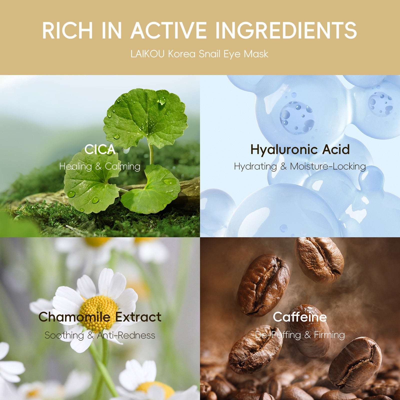 Immagine promozionale maschera occhi Laikou con ingredienti attivi: CICA, acido ialuronico, estratto di camomilla, caffeina. Benefici idratanti e lenitivi.