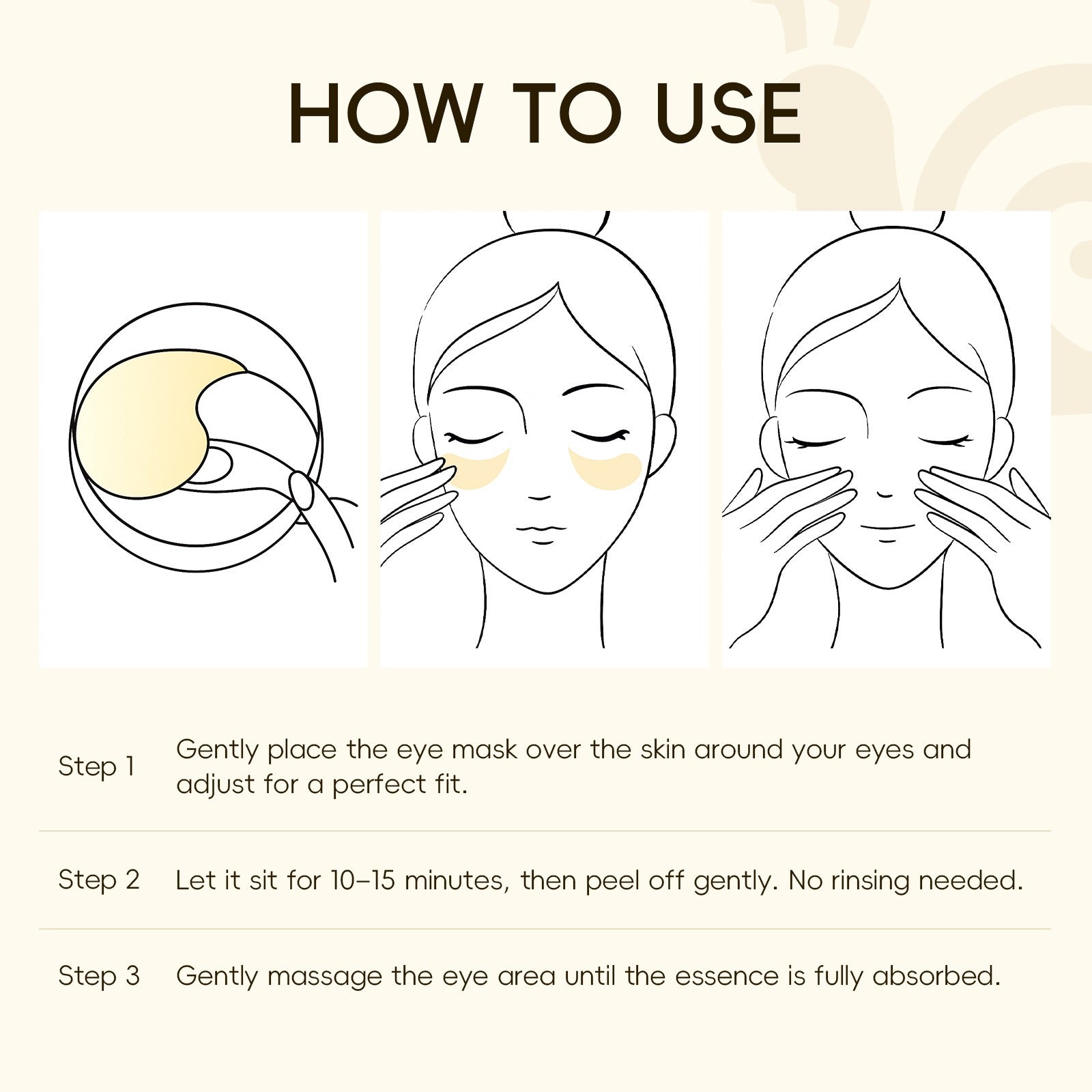 Istruzioni per l'uso maschera occhi: applicare, lasciare agire 10-15 minuti, rimuovere, massaggiare. Cura occhi, idratazione, bellezza viso.