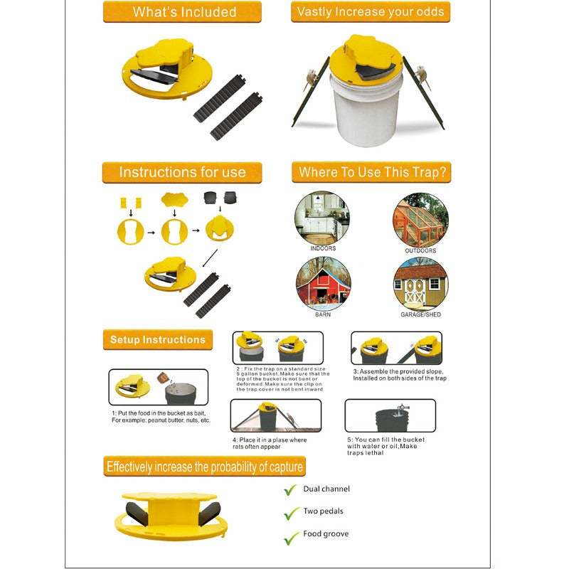 Trappola per topi gialla con secchio, istruzioni d'uso illustrate. Utilizzo in interni ed esterni. Aumenta probabilità di cattura. Accessori inclusi.