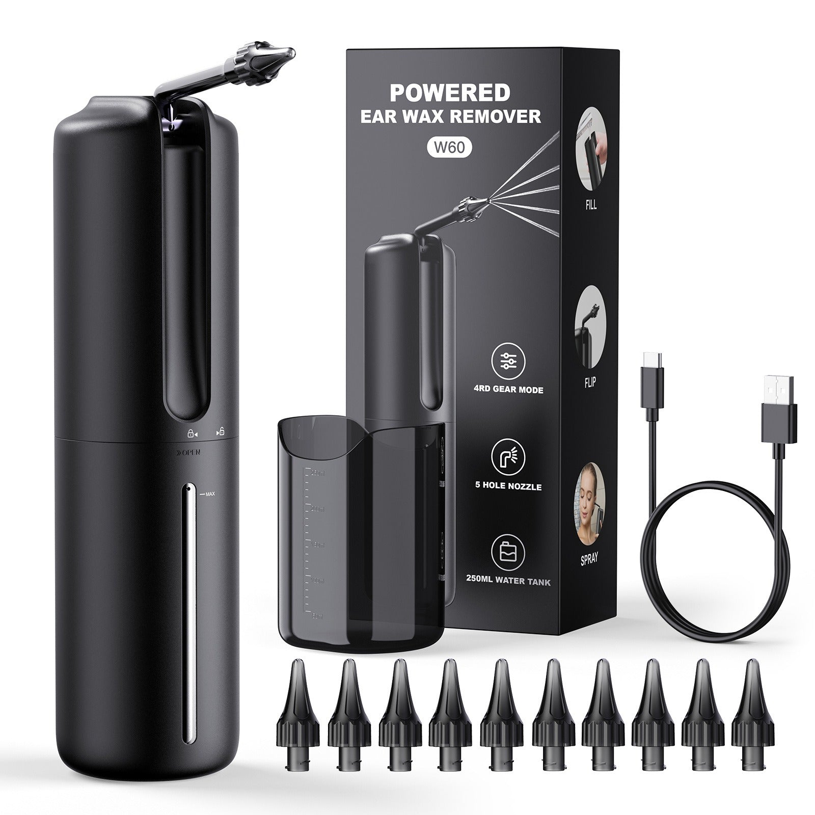 Rimuovi cerume elettrico nero con serbatoio da 250ml, ugelli multipli, modalità a 4 velocità, cavo USB e confezione. Accessorio per igiene auricolare.