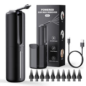 Rimuovi cerume elettrico nero con serbatoio da 250ml, ugelli multipli, modalità a 4 velocità, cavo USB e confezione. Accessorio per igiene auricolare.