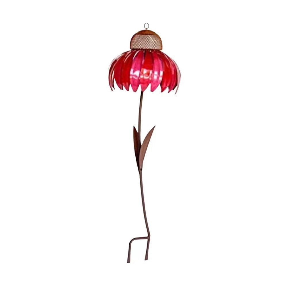 Lampada da giardino a forma di fiore rosso, design decorativo in metallo, ideale per esterni. Stile floreale, illuminazione creativa per giardini.