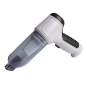 Aspirapolvere portatile bianco e nero, design ergonomico, filtro HEPA, ideale per auto e casa. Compatto e leggero per pulizia efficiente.