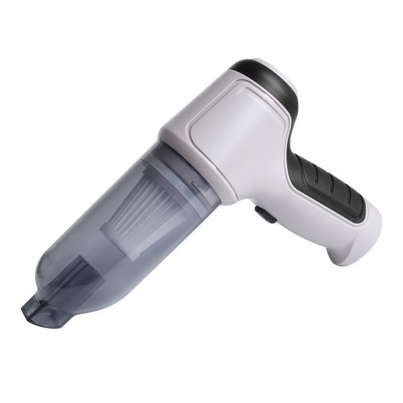 Aspirapolvere portatile bianco e nero, design ergonomico, filtro HEPA, ideale per auto e casa. Compatto e leggero per pulizia efficiente.