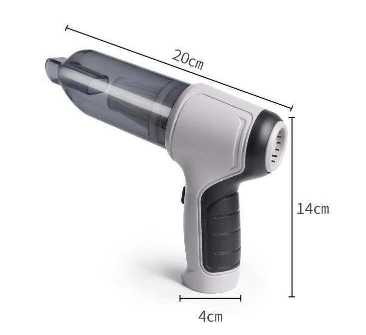 Aspirapolvere portatile senza fili, dimensioni 20x14x4 cm, design ergonomico, ideale per auto e casa. Colore grigio e nero.