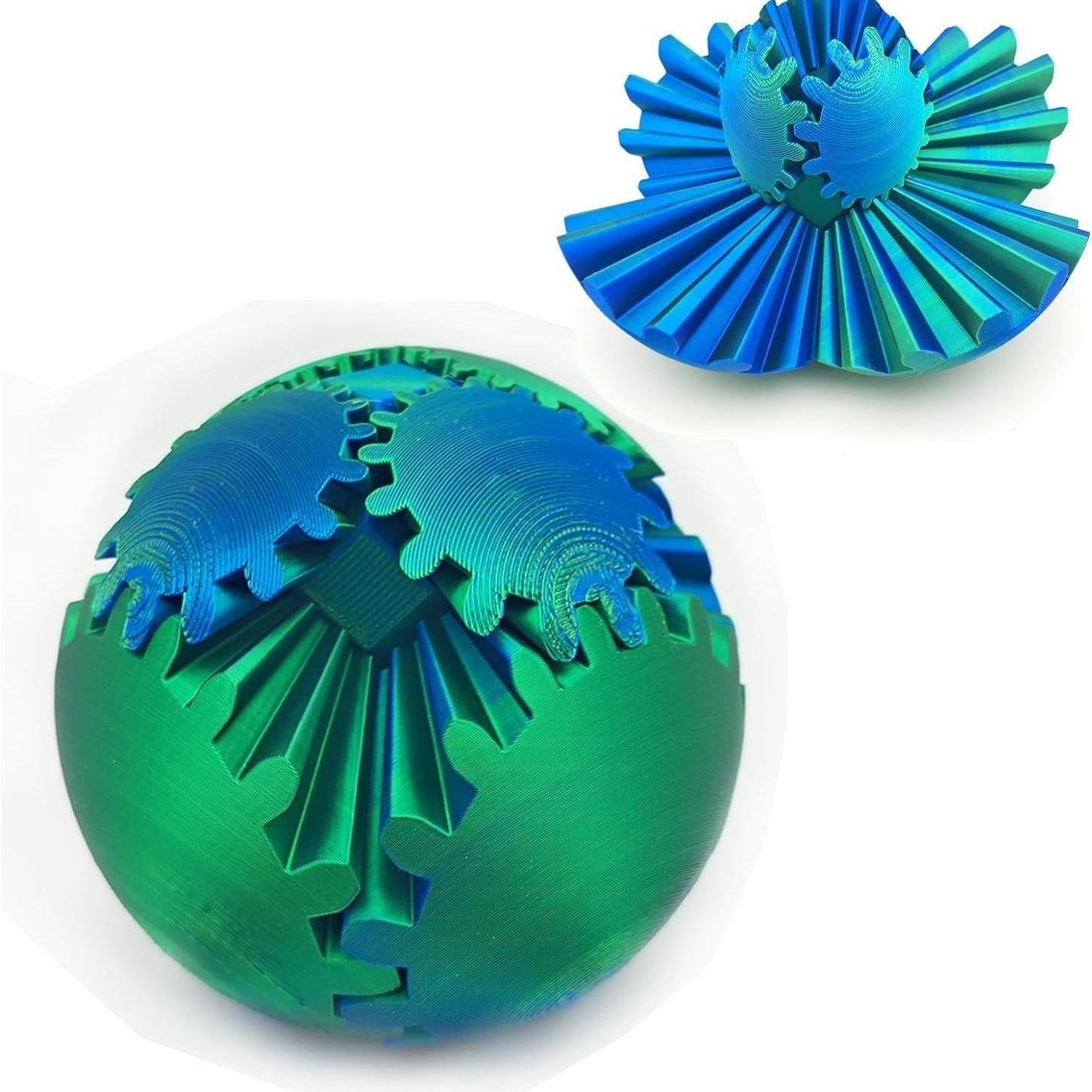 Sfera 3D verde e blu con ingranaggi interconnessi, design innovativo e geometrico, stampa 3D, arte moderna, decorazione tecnologica.