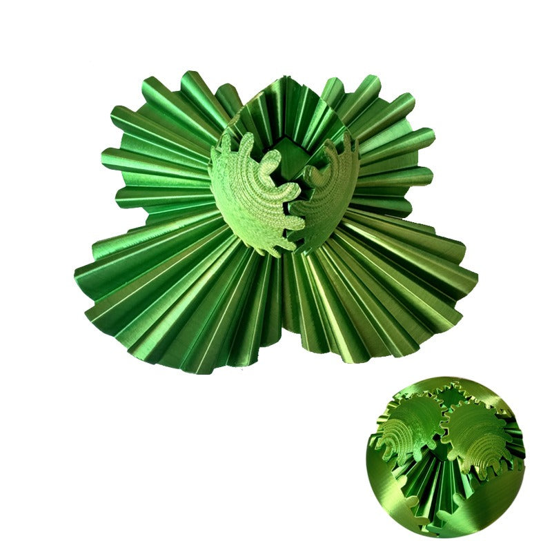 Ventaglio decorativo verde in metallo con design a ingranaggi, ideale per arredamento moderno. Accessorio elegante e innovativo per interni.
