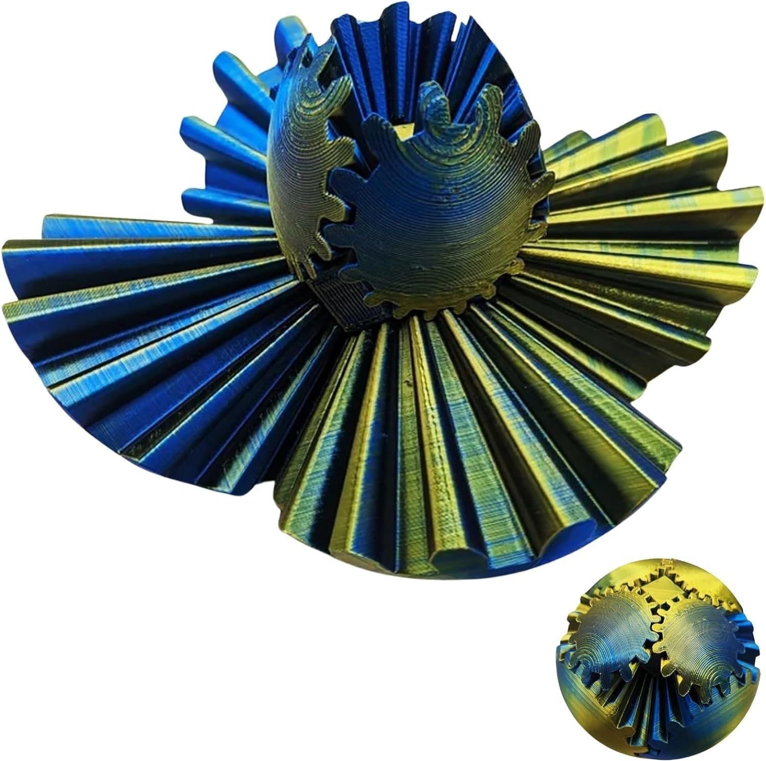 Scultura astratta 3D in blu e verde, design geometrico con ingranaggi e pieghe, arte moderna, decorazione contemporanea, stampa 3D innovativa.