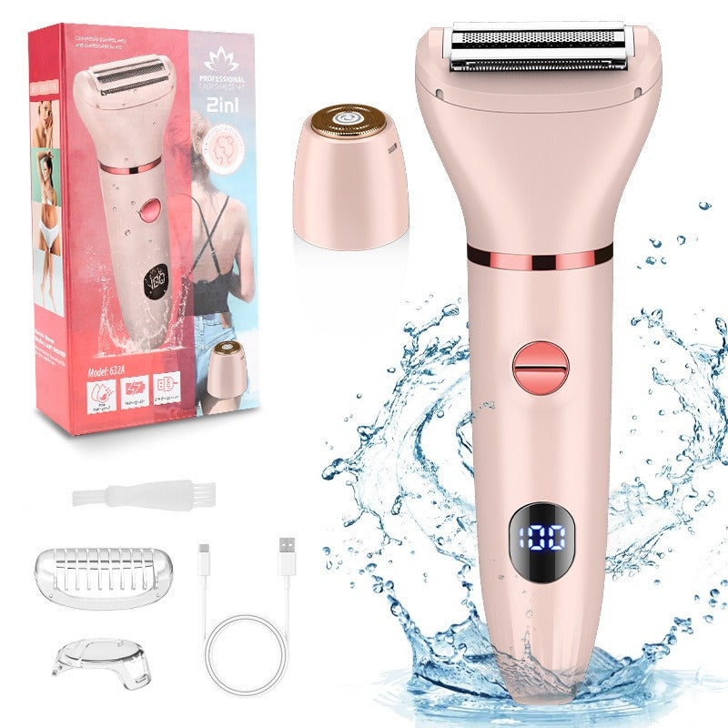 Rasoio elettrico rosa 2 in 1 impermeabile con display LED, accessori inclusi, confezione elegante. Ideale per depilazione corpo femminile.