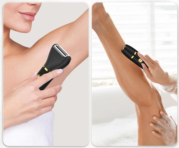 Donna utilizza rasoio elettrico nero su ascella e gambe. Depilazione femminile, cura personale, rasoio portatile, pelle liscia, bagno.