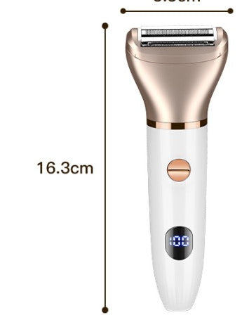 Rasoio elettrico da donna, colore oro rosa e bianco, con display digitale. Dimensioni: 16,3 cm x 5,5 cm. Ideale per depilazione efficace.