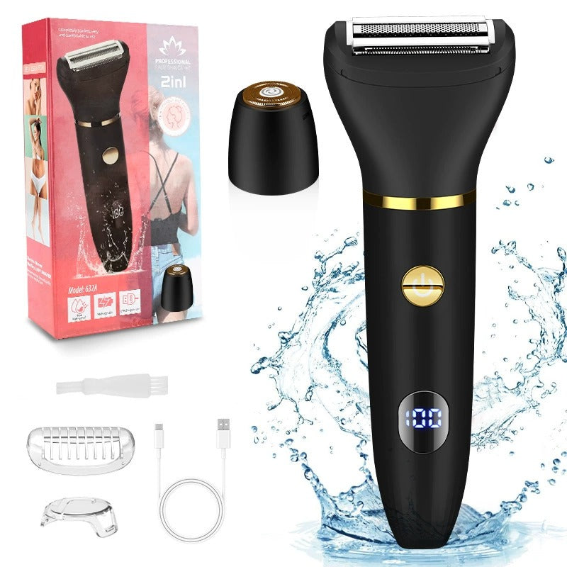 Rasoio elettrico nero impermeabile 2 in 1 con display LED, accessori inclusi, confezione illustrata, ideale per rasatura corpo e barba.
