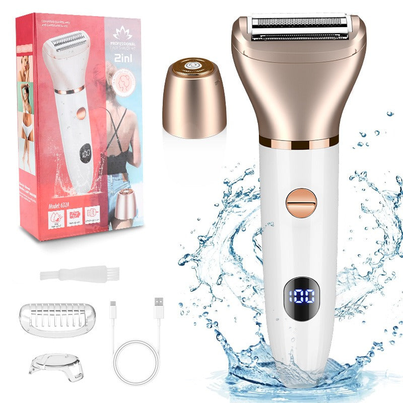 Rasoio elettrico 2 in 1 bianco e oro rosa con display LED, accessori inclusi e confezione. Impermeabile, ideale per depilazione corpo femminile.