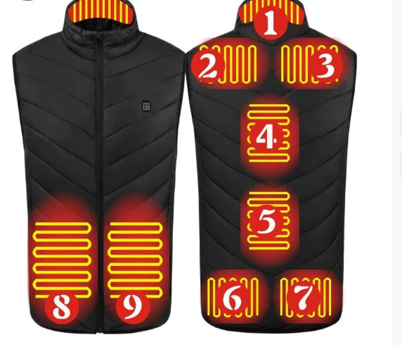 Gilet riscaldato nero con nove zone di riscaldamento, design ergonomico, ideale per attività all'aperto, escursionismo, sport invernali.