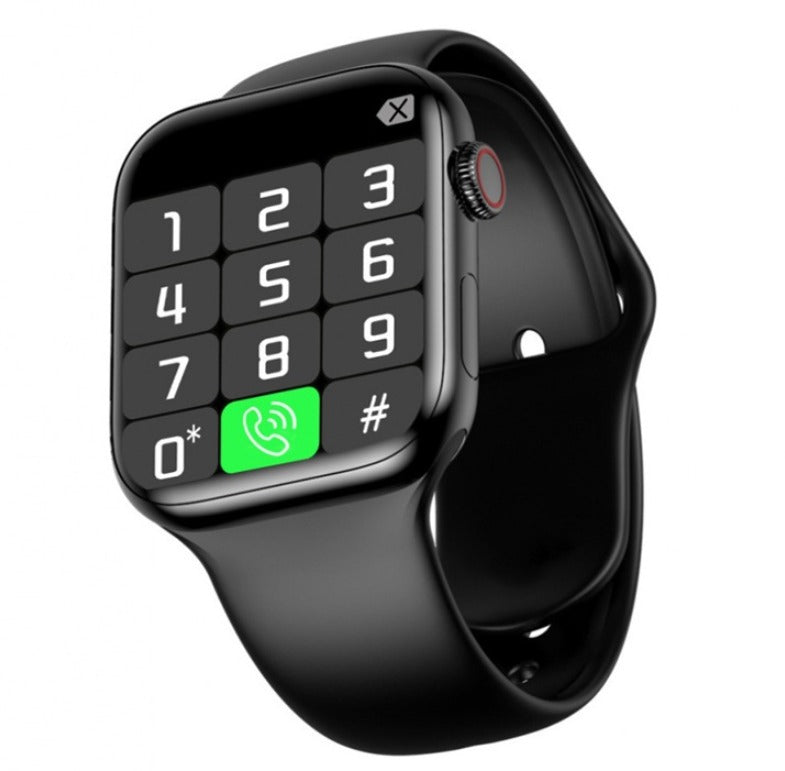 Orologio smart nero con quadrante numerico, cinturino in silicone, funzione chiamata. Tecnologia indossabile, smartwatch moderno.