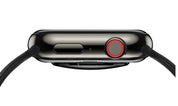 Vista laterale di un Apple Watch nero con corona digitale rossa e pulsante laterale. Design elegante e moderno, tecnologia smartwatch avanzata.