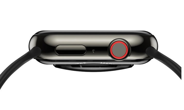 Vista laterale di un Apple Watch nero con corona digitale rossa e pulsante laterale. Design elegante e moderno, tecnologia smartwatch avanzata.
