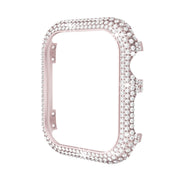 Custodia per smartwatch in metallo rosa con cristalli scintillanti, design elegante e lussuoso, protezione accessori orologio, moda tecnologia.
