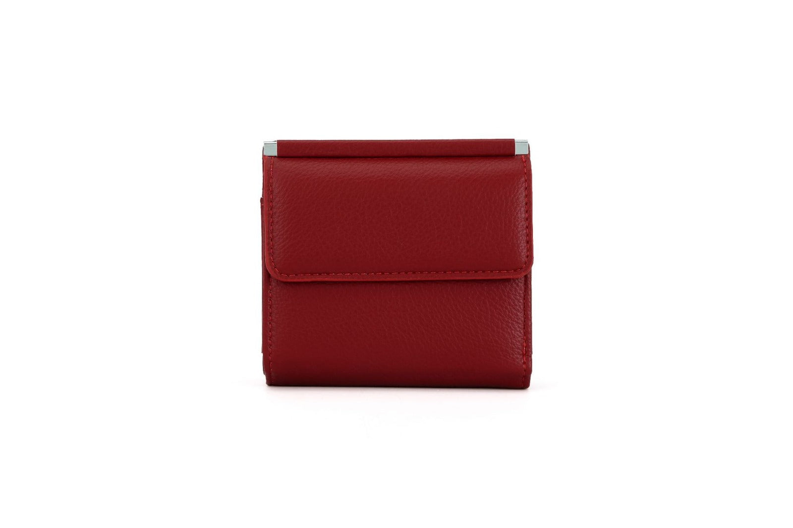 Portafoglio rosso in pelle, design compatto, chiusura a scatto, accessorio moda elegante, ideale per donna, alta qualità, stile moderno.