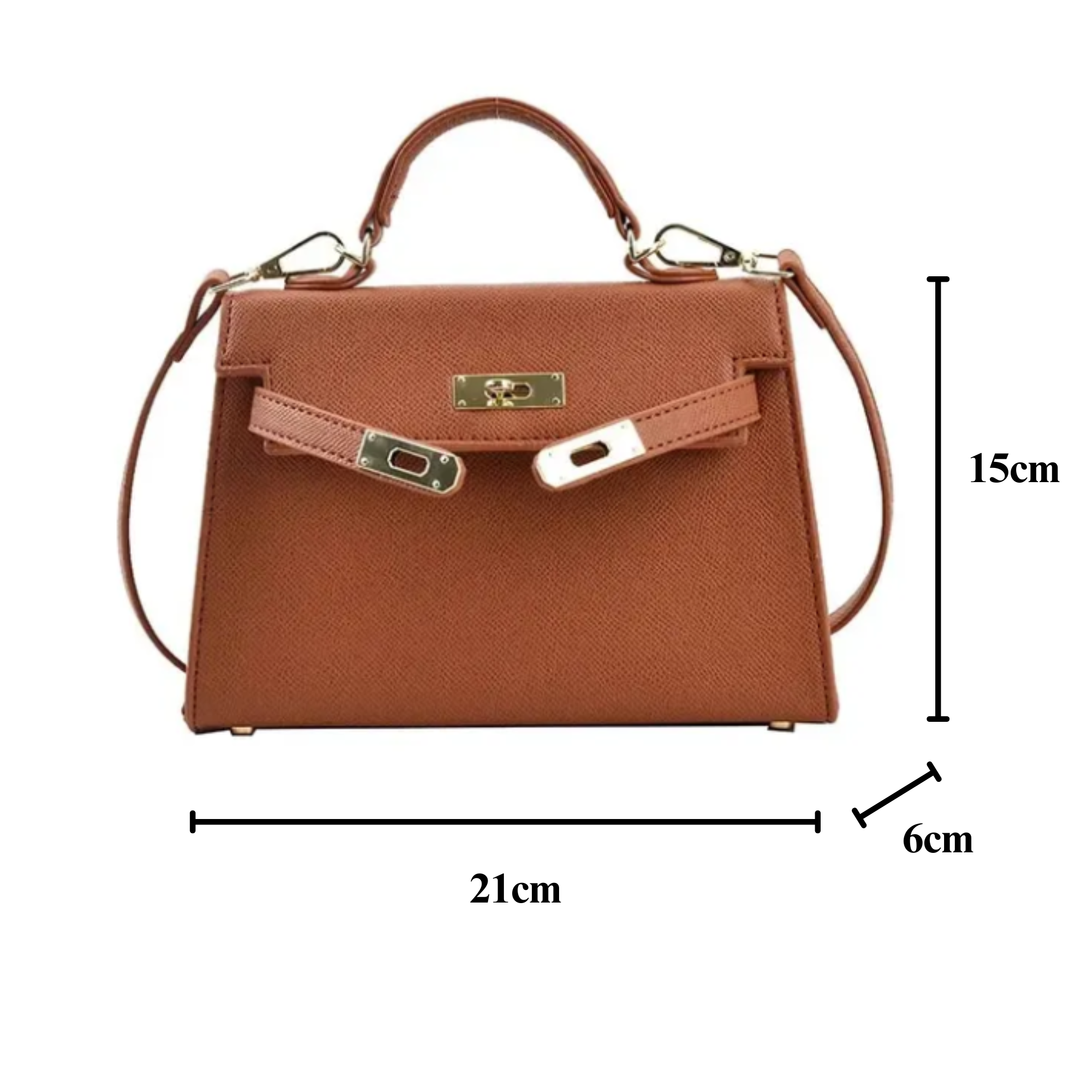 Borsa a mano in pelle marrone, dimensioni 21x15x6 cm, con manico superiore e tracolla. Design elegante, chiusura a girello dorata.