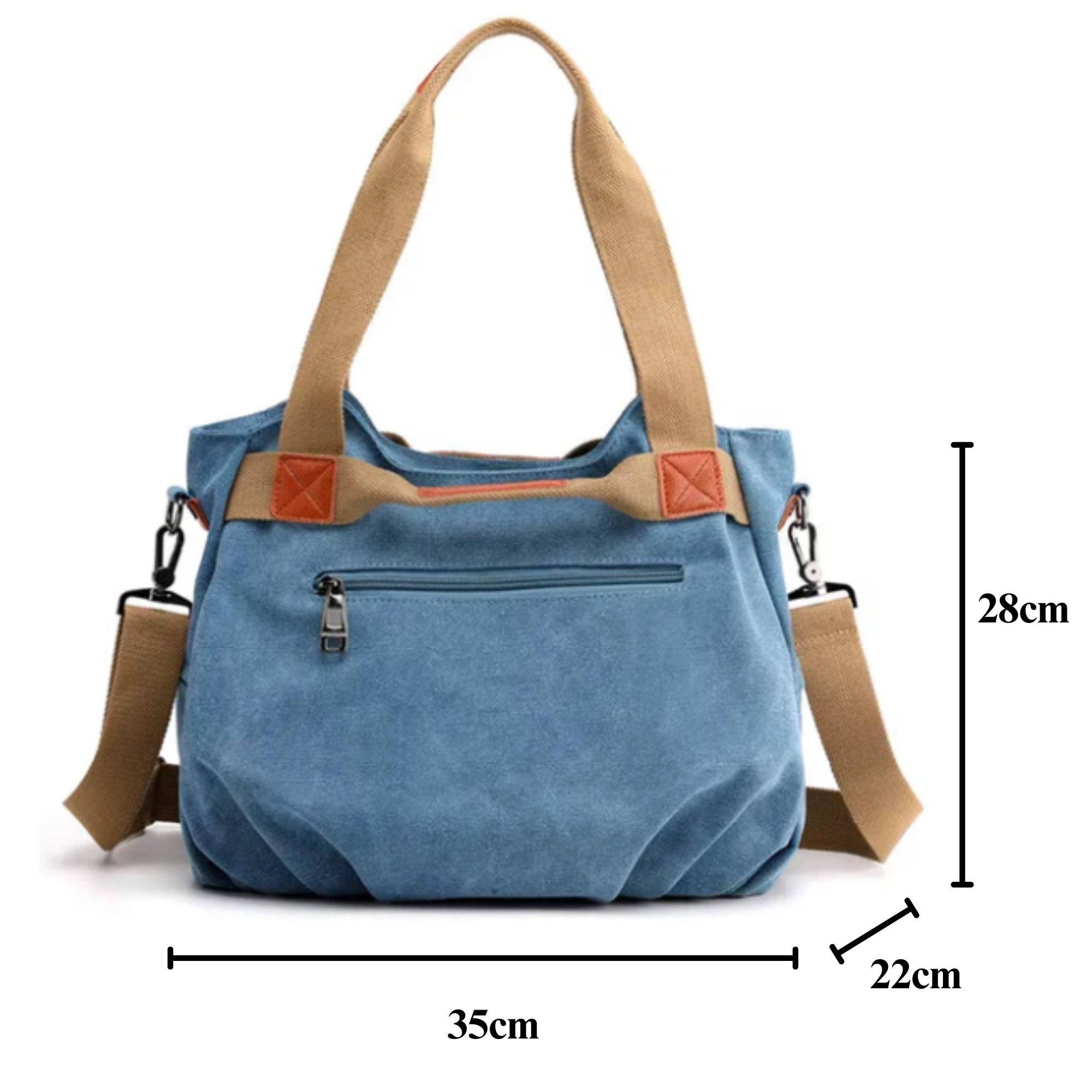 Borsa a tracolla in tela blu, dimensioni 35x22x28 cm, con tasca frontale con zip e manici beige. Ideale per shopping e uso quotidiano.