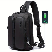 Zaino monospalla nero con porta USB, design moderno, compatto, ideale per viaggi e lavoro. Carica smartphone inclusa. Perfetto per uomo e donna.